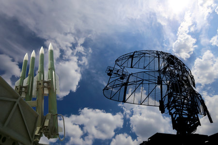 Air defense radars of military mobile anti aircraft systems and modern Russian anti aircraft missiles OSA-AKM on background clouds and sky,Russiaのeditorial素材
