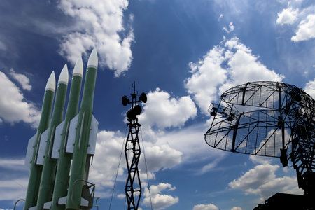Air defense radars of military mobile anti aircraft systems and modern Russian anti aircraft missiles OSA-AKM on background clouds and sky,Russiaのeditorial素材