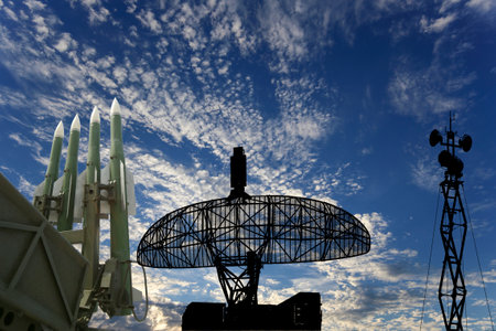 Air defense radars of military mobile anti aircraft systems and modern Russian anti aircraft missiles OSA-AKM on background clouds and sky,Russiaのeditorial素材