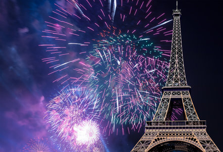 Celebratory colorful fireworks over the Eiffel Tower in Paris, Franceの写真素材