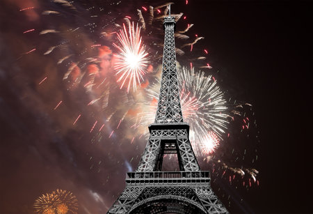 Celebratory colorful fireworks over the Eiffel Tower in Paris, Franceの写真素材