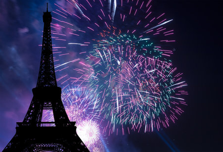 Celebratory colorful fireworks over the Eiffel Tower in Paris, Franceの写真素材