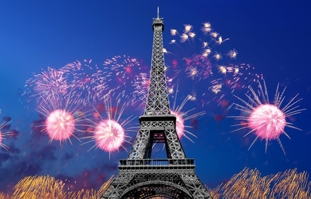 Celebratory colorful fireworks over the Eiffel Tower in Paris, Franceの写真素材