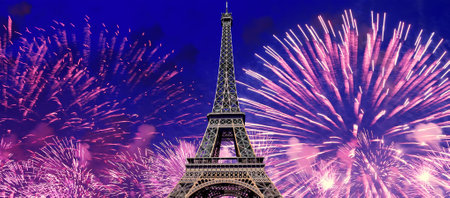 Celebratory colorful fireworks over the Eiffel Tower in Paris, Franceの写真素材