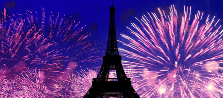 Celebratory colorful fireworks over the Eiffel Tower in Paris, Franceの写真素材