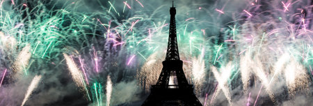 Celebratory colorful fireworks over the Eiffel Tower in Paris, Franceの写真素材