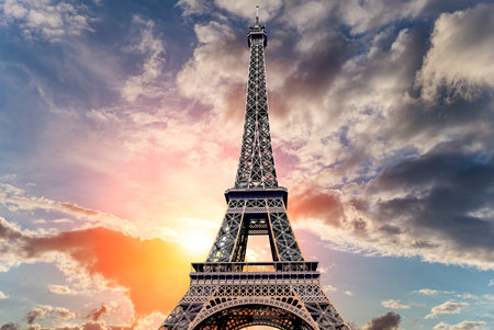 Eiffel Tower against the background of a beautiful sky at sunset. Paris, Franceの写真素材