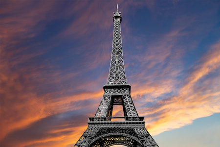 Eiffel Tower against the background of a beautiful sky at sunset. Paris, Franceの写真素材