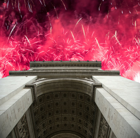 Celebratory colorful fireworks over the Arc de Triomphe, Paris, Franceの写真素材