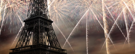 Celebratory colorful fireworks over the Eiffel Tower in Paris, Franceの写真素材