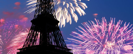 Celebratory colorful fireworks over the Eiffel Tower in Paris, France