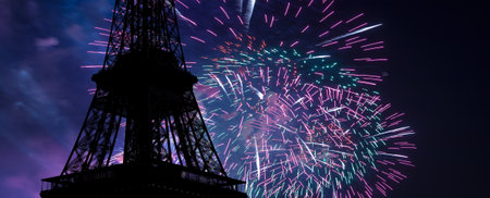 Celebratory colorful fireworks over the Eiffel Tower in Paris, Franceの写真素材