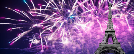 Celebratory colorful fireworks over the Eiffel Tower in Paris, France