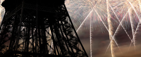 Celebratory colorful fireworks over the Eiffel Tower in Paris, Franceの写真素材