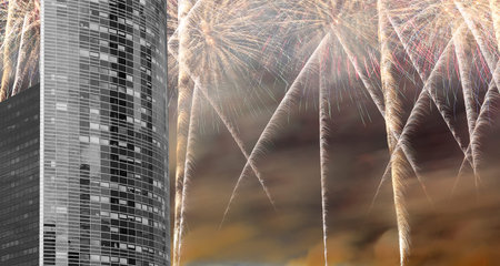 Celebratory fireworks over the Skyscrapers La Defense, commercial and business center of Paris,...