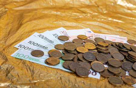 Euro banknotes and iron 10 rubles coin (written ten rubles, Bank of Russia in the Russian)
