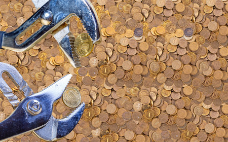 Allegory of the global financial crisis - Iron 10 rubles coin (written ten rubles, the Bank of Russia) in the grip of economic crisis. Finance and business conceptの写真素材