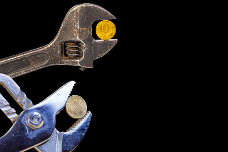 Allegory of the global financial crisis - Iron 10 rubles coin (written ten rubles, Bank of Russia in the Russian) in the grip of economic crisis, on a black background. Finance and business conceptの写真素材