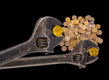 Allegory of the global financial crisis - Iron 10 rubles coin (written ten rubles, Bank of Russia in the Russian) in the grip of economic crisis, on a black background. Finance and business conceptの写真素材