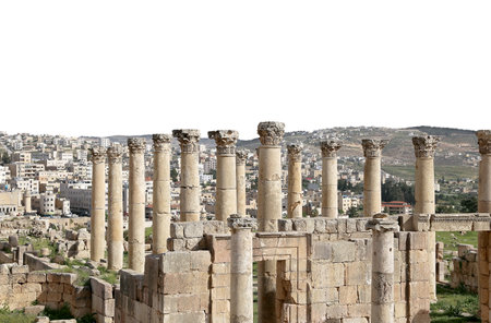 Roman ruins (carved on white background) in the Jordanian city of Jerash (Gerasa of Antiquity), capital and largest city of Jerash Governorate, Jordanの写真素材