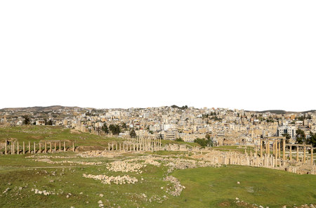 Roman ruins (carved on white background) in the Jordanian city of Jerash (Gerasa of Antiquity), capital and largest city of Jerash Governorate, Jordanの写真素材