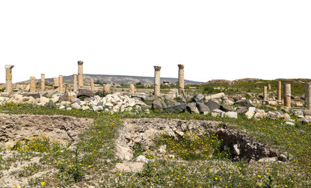Roman ruins at Umm Qais (Umm Qays)--is a town in northern Jordan near the site of the ancient town of Gadara, Jordan. On white backgroundの写真素材