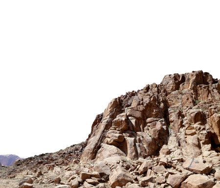 Mountains of Wadi Rum Desert also known as The Valley of the Moon is a valley cut into the sandstone and granite rock in southern Jordan 60 km to the east of Aqaba (carved on white background)の写真素材