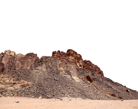Mountains of Wadi Rum Desert also known as The Valley of the Moon is a valley cut into the sandstone and granite rock in southern Jordan 60 km to the east of Aqaba (carved on white background)の写真素材