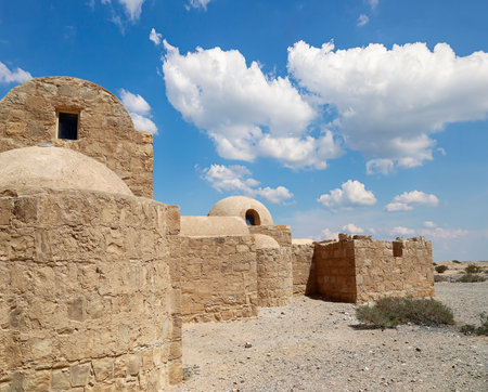 Quseir (Qasr) Amra desert castle (against the sky with clouds) near Amman, Jordan. World heritage with famous fresco's. Built in 8th century, of early Islamic art and architectureの写真素材