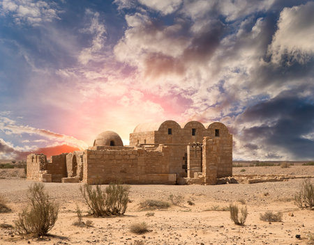 Quseir (Qasr) Amra desert castle (against the sky with clouds) near Amman, Jordan. World heritage with famous fresco's. Built in 8th century, of early Islamic art and architectureの写真素材