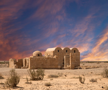 Quseir (Qasr) Amra desert castle (against the sky with clouds) near Amman, Jordan. World heritage with famous fresco's. Built in 8th century, of early Islamic art and architectureの写真素材