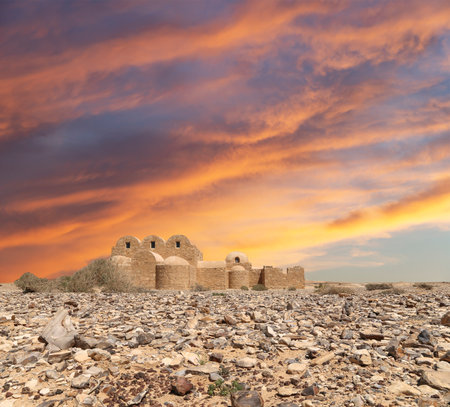 Quseir (Qasr) Amra desert castle (against the sky with clouds) near Amman, Jordan. World heritage with famous fresco's. Built in 8th century, of early Islamic art and architectureの写真素材