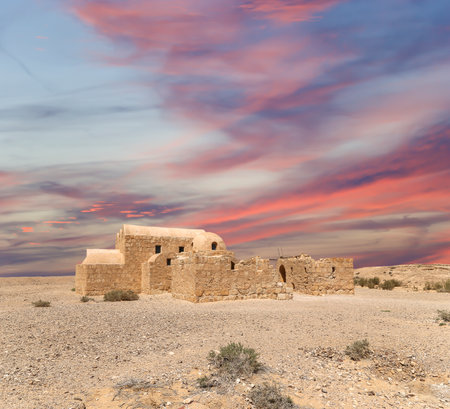 Quseir (Qasr) Amra desert castle (against the sky with clouds) near Amman, Jordan. World heritage with famous fresco's. Built in 8th century, of early Islamic art and architectureの写真素材