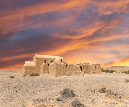 Quseir (Qasr) Amra desert castle (against the sky with clouds) near Amman, Jordan. World heritage with famous fresco's. Built in 8th century, of early Islamic art and architectureの写真素材