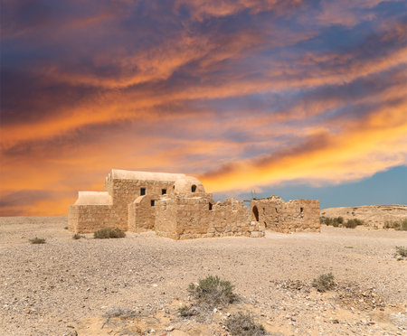 Quseir (Qasr) Amra desert castle (against the sky with clouds) near Amman, Jordan. World heritage with famous fresco's. Built in 8th century, of early Islamic art and architectureの写真素材