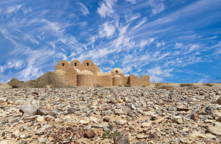 Quseir (Qasr) Amra desert castle (against the sky with clouds) near Amman, Jordan. World heritage with famous fresco's. Built in 8th century, of early Islamic art and architectureの写真素材