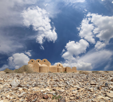 Quseir (Qasr) Amra desert castle (against the sky with clouds) near Amman, Jordan. World heritage with famous fresco's. Built in 8th century, of early Islamic art and architectureの写真素材