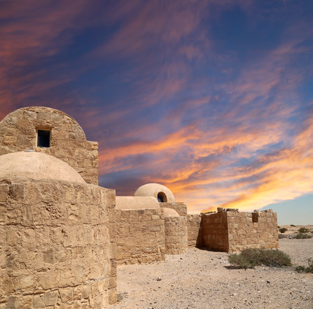 Quseir (Qasr) Amra desert castle (against the sky with clouds) near Amman, Jordan. World heritage with famous fresco's. Built in 8th century, of early Islamic art and architectureの写真素材