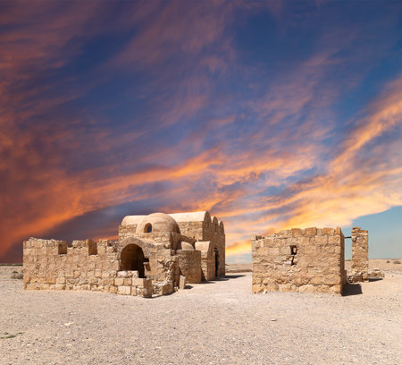 Quseir (Qasr) Amra desert castle (against the sky with clouds) near Amman, Jordan. World heritage with famous fresco's. Built in 8th century, of early Islamic art and architectureの写真素材
