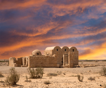 Quseir (Qasr) Amra desert castle (against the sky with clouds) near Amman, Jordan. World heritage with famous fresco's. Built in 8th century, of early Islamic art and architectureの写真素材