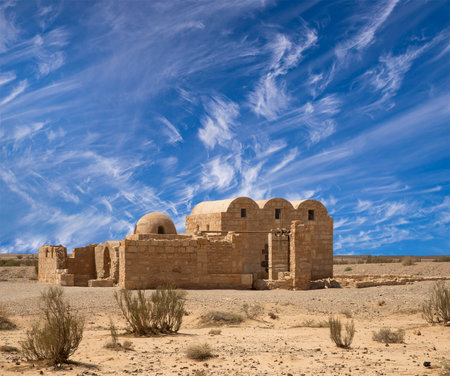 Quseir (Qasr) Amra desert castle (against the sky with clouds) near Amman, Jordan. World heritage with famous fresco's. Built in 8th century, of early Islamic art and architectureの写真素材