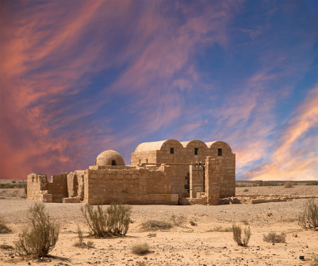 Quseir (Qasr) Amra desert castle (against the sky with clouds) near Amman, Jordan. World heritage with famous fresco's. Built in 8th century, of early Islamic art and architectureの写真素材