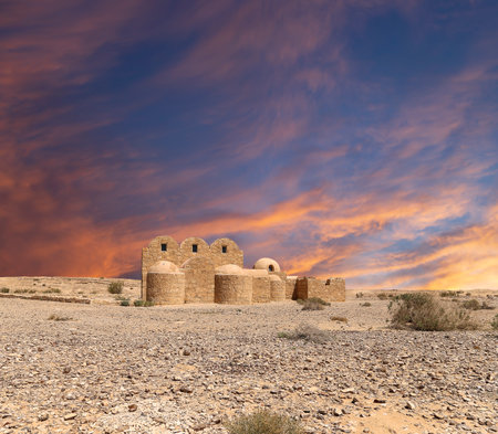 Quseir (Qasr) Amra desert castle (against the sky with clouds) near Amman, Jordan. World heritage with famous fresco's. Built in 8th century, of early Islamic art and architectureの写真素材