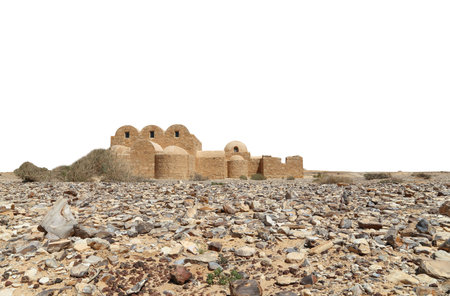 Quseir (Qasr) Amra desert castle (on white background) near Amman, Jordan. World heritage with famous fresco's. Built in 8th century, of early Islamic art and architectureの写真素材