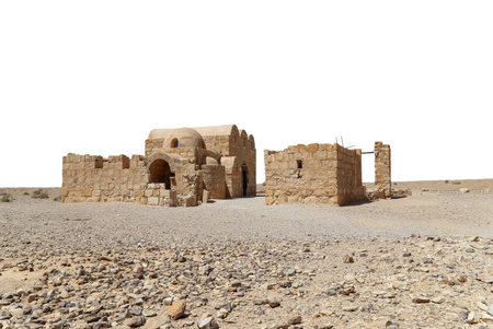 Quseir (Qasr) Amra desert castle (on white background) near Amman, Jordan. World heritage with famous fresco's. Built in 8th century, of early Islamic art and architectureの写真素材