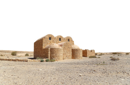 Quseir (Qasr) Amra desert castle (on white background) near Amman, Jordan. World heritage with famous fresco's. Built in 8th century, of early Islamic art and architectureの写真素材