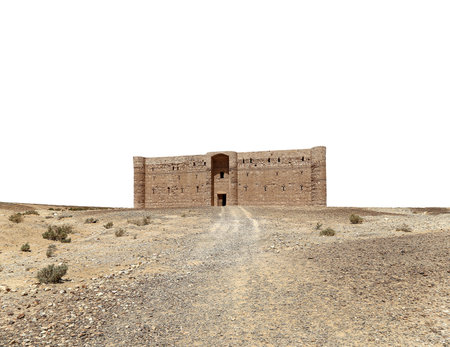 Qasr Kharana (Kharanah or Harrana)-- desert castle in eastern Jordan (100 km of Amman). Built in 8th century AD to be used as caravanserai, a resting place for traders. On white backgroundの写真素材