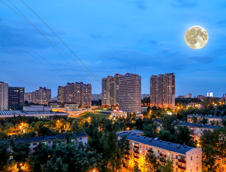 Aerial view of Moscow (night) and full moon, Cheryomushki district near Profsoyuznaya metro station, Russiaの写真素材