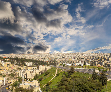 Amman city landmarks-- old roman Citadel Hill, Jordan. Against the background of a beautiful sky with cloudsの写真素材