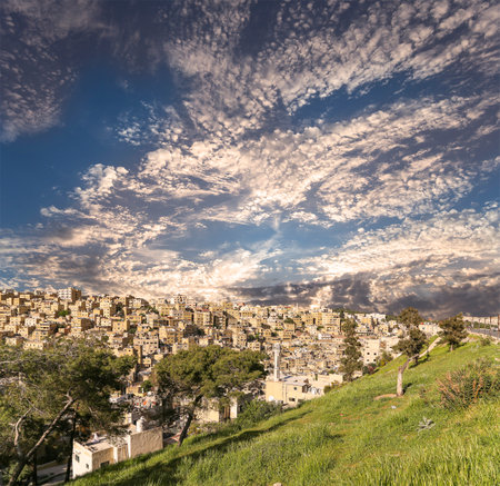 Amman city landmarks-- old roman Citadel Hill, Jordan. Against the background of a beautiful sky with cloudsの写真素材